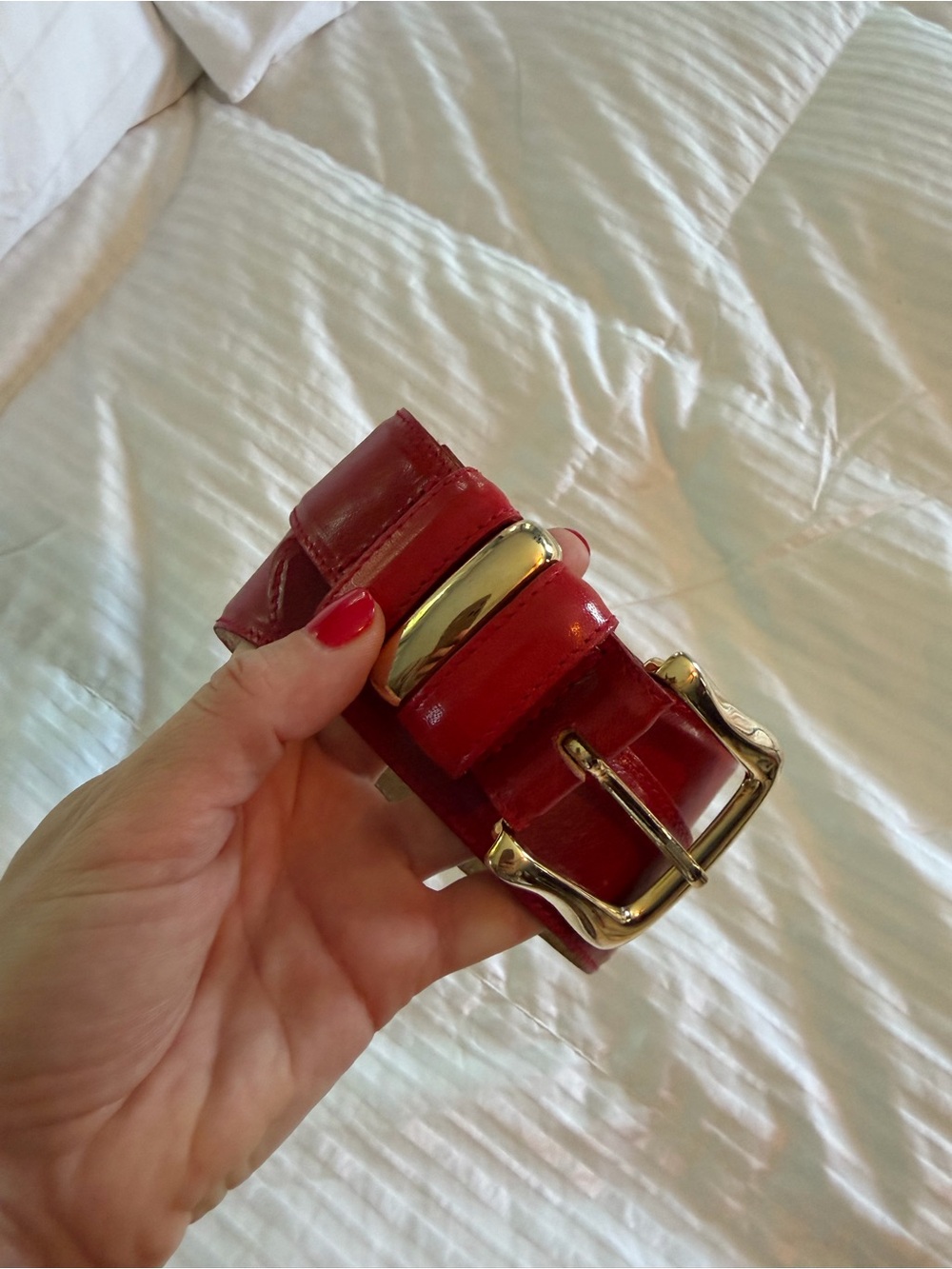 Talbots Red Leather Belt with Gold Buckle